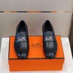 Giày đế cao Hermes Paris Loafer logo xe ngựa da taiga Like Auth