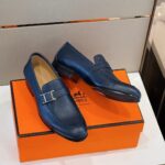 Giày Hermes Monterey Loafer da taiga xanh khóa lệch Like Auth