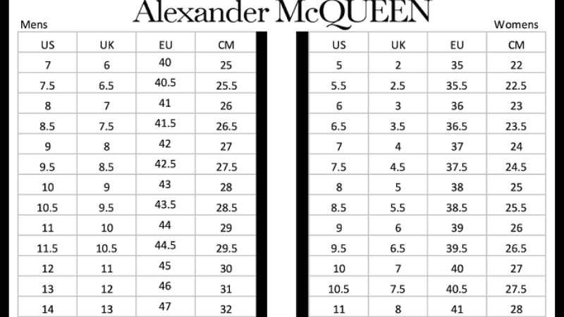 Bảng quy đổi size giày McQueen
