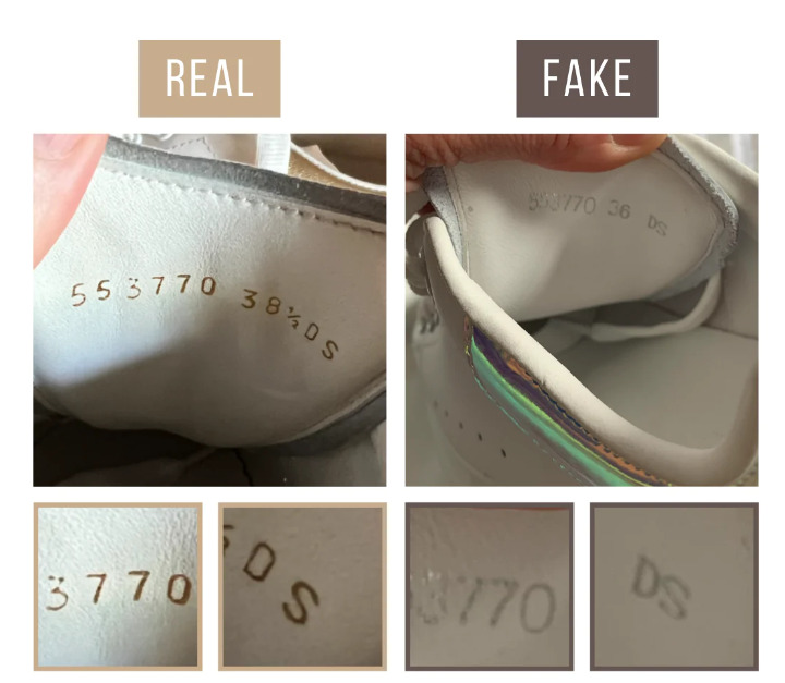 Phần text ở lưỡi gà của giày real và fake có sự khác nhau