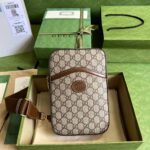 Túi đeo chéo Gucci Mini hoạ tiết phối tag nâu Like Auth