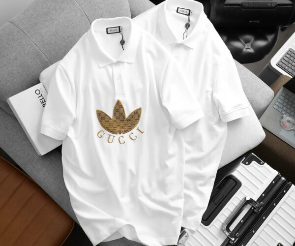 Áo Polo Gucci x Adidas màu trắng họa tiết hoa vàng Like Auth
