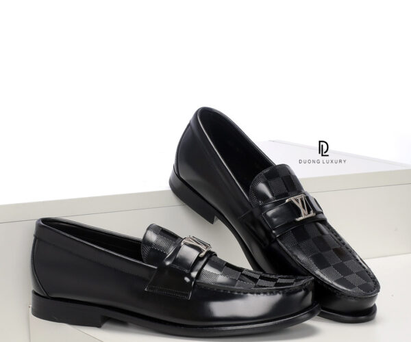 Giày lười Louis Vuitton đế cao màu đen phối caro chìm Like Auth